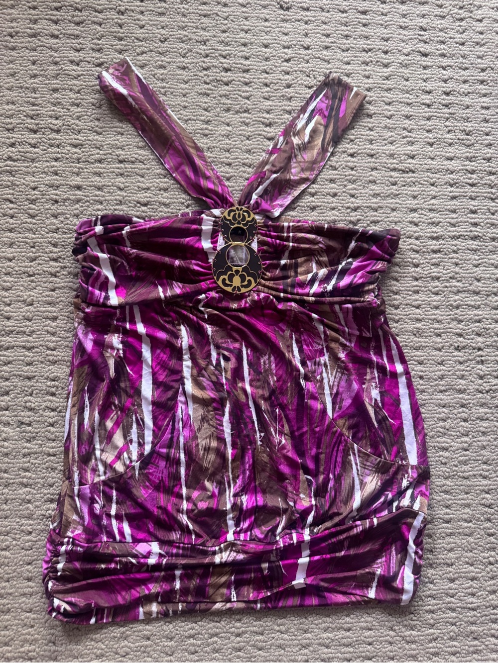 XOXO Y2K Slinky Halter Club Top Metal Magenta Hardware Banded Hem Medium